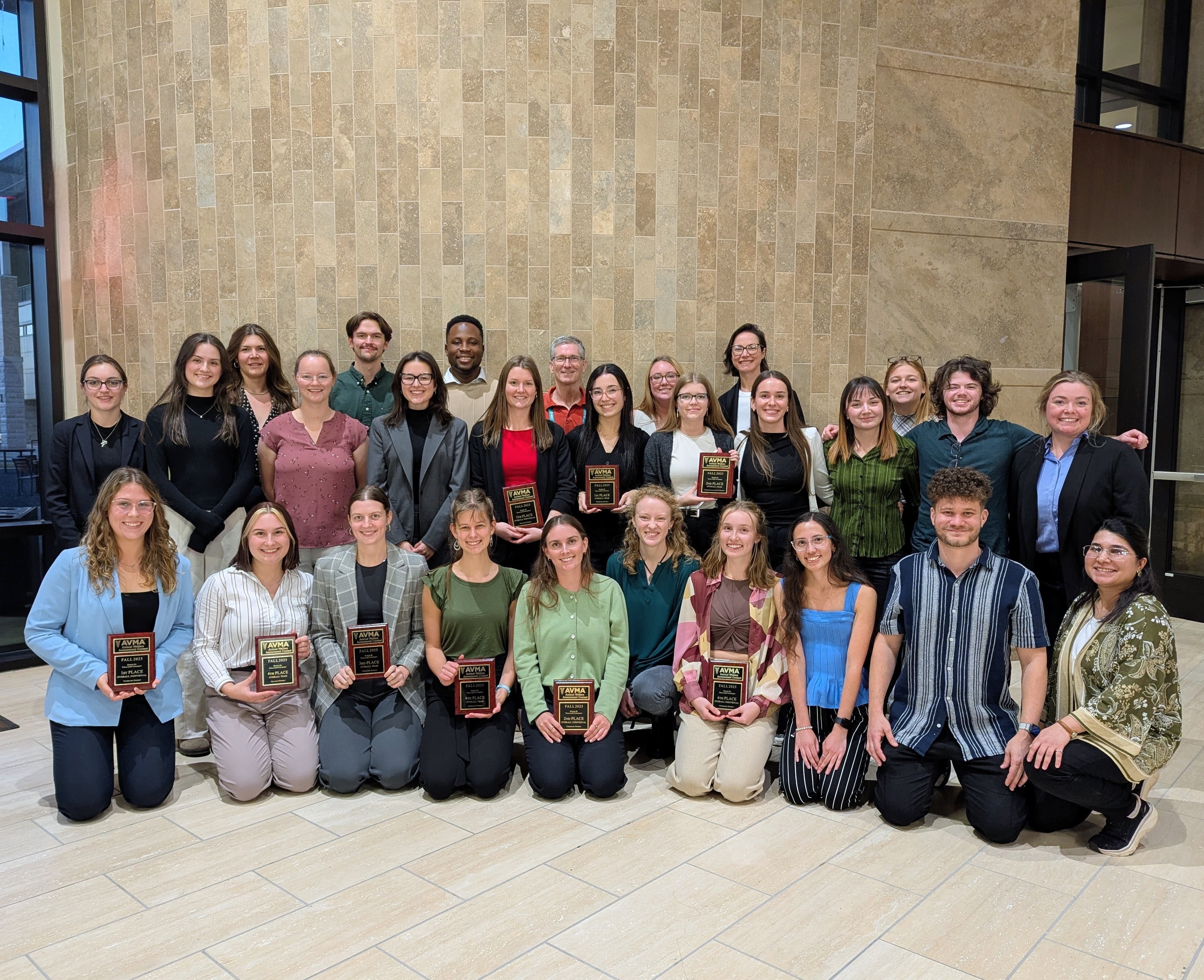 Students and mentors from the University of Guelph, OVC and AVC at the 2025 AVMA Animal Welfare Assessment Contest (AWJAC) at Texas A&M Nov 8,9, 2025